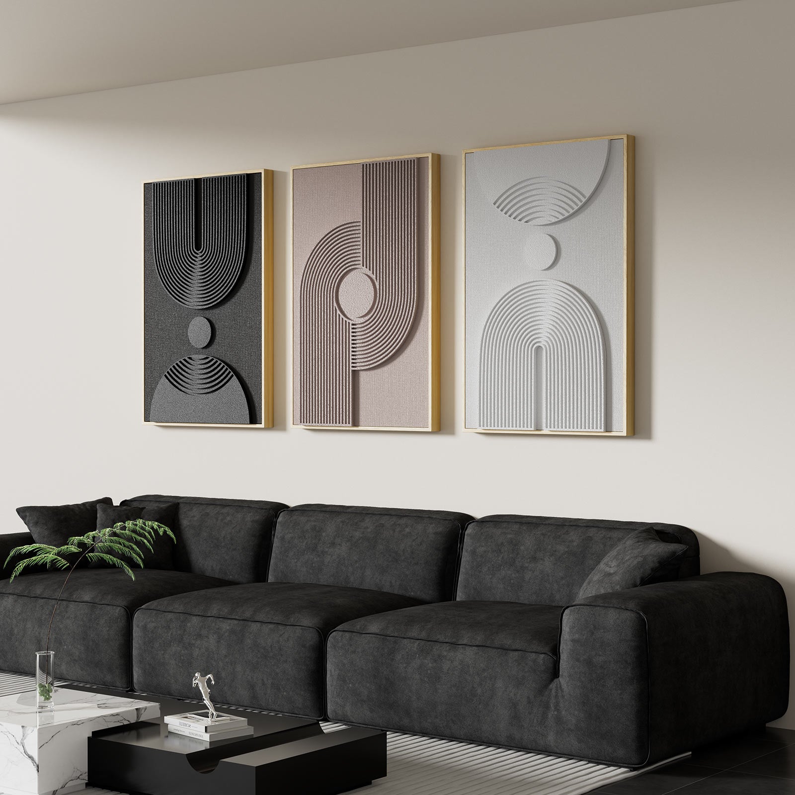 Large 3D Textured Framed Neutral Abstract Wall Art for Living Room, 3 Piece Modern Minimalist Artwork for Walls, Black White Beige Geometric Arches Pictures for Entryway Office Decor 24x36 In