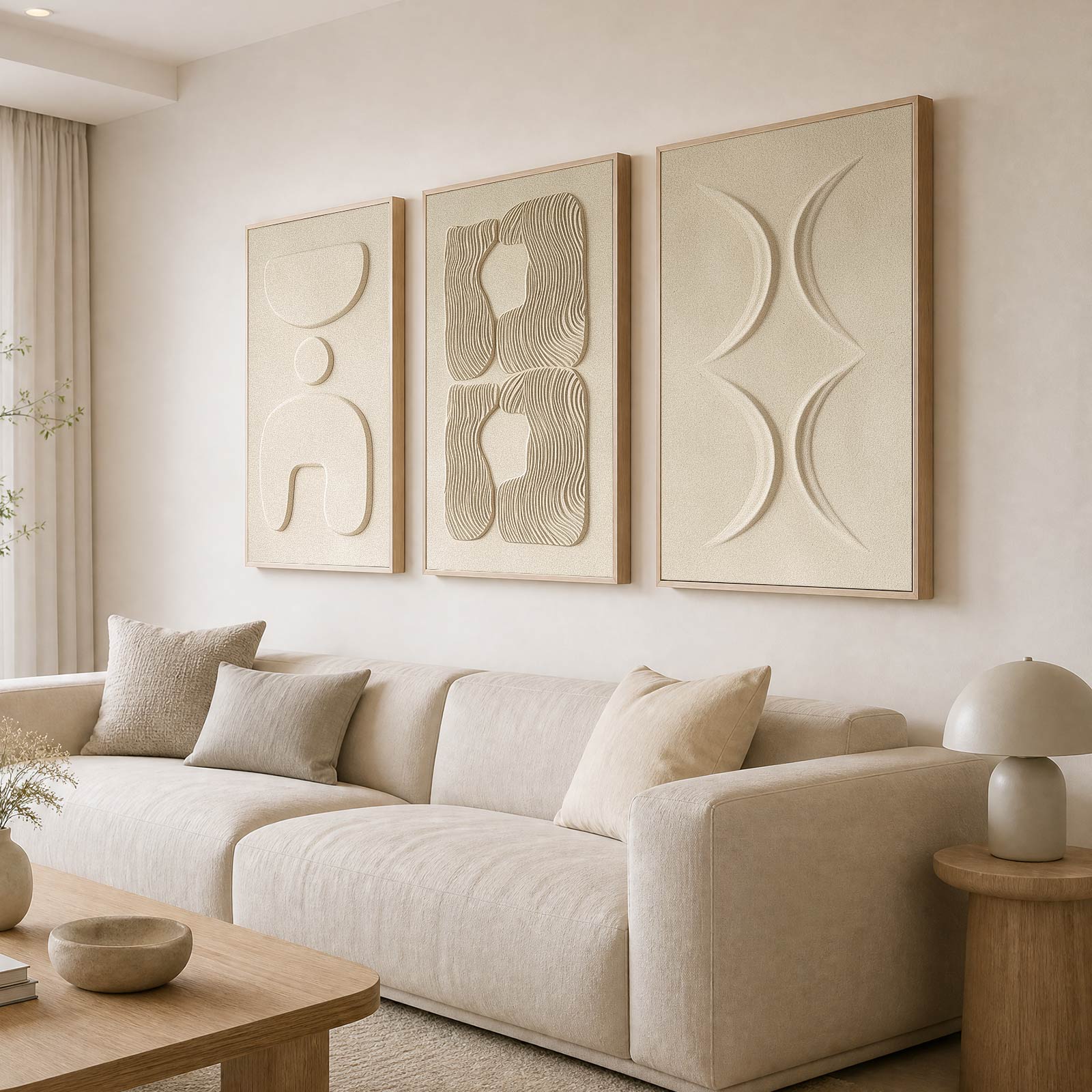 Thalasse Large 3-Piece 3D Textured Wall Art, Wabi Sabi Sandstone Relief Panels with Solid Wood Frame, 24x36 Inch Minimalist Wall Decor for Living Room, Hallway and Entryway