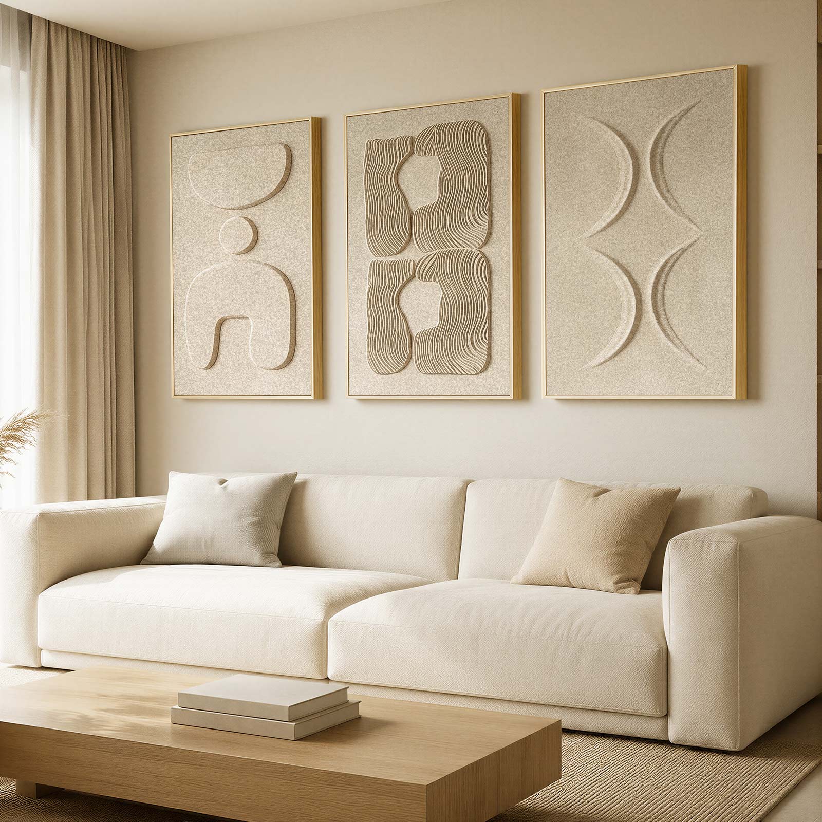 Thalasse Large 3-Piece 3D Textured Wall Art, Wabi Sabi Sandstone Relief Panels with Solid Wood Frame, 24x36 Inch Minimalist Wall Decor for Living Room, Hallway and Entryway