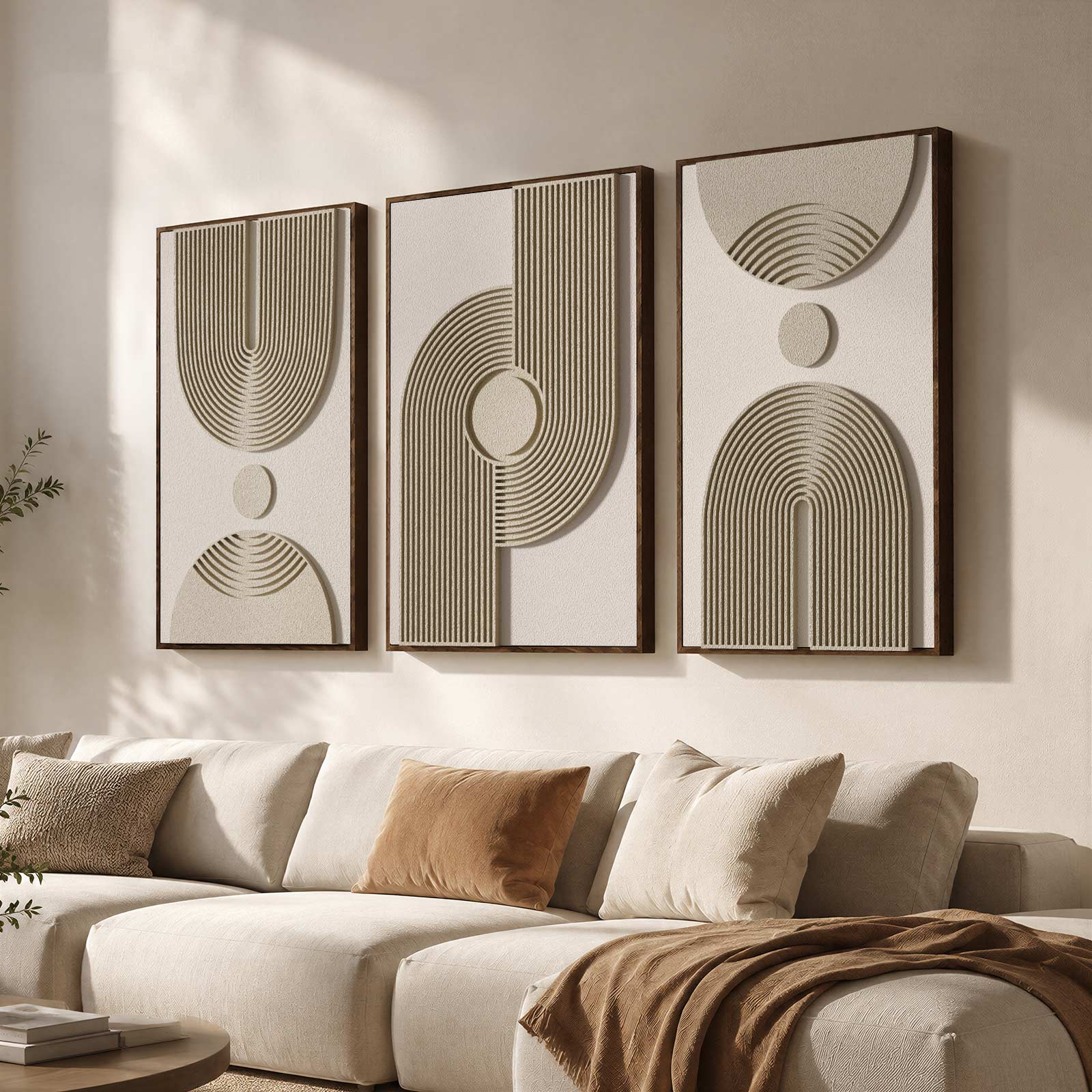 3D Textured Framed Neutral Abstract Wall Art for Living Room, 3 Piece Modern Minimalist Artwork for Walls, Walnut & Sandstone Beige Geometric Arches Pictures for Above Couch Bedroom Decor, 16x24 Inch