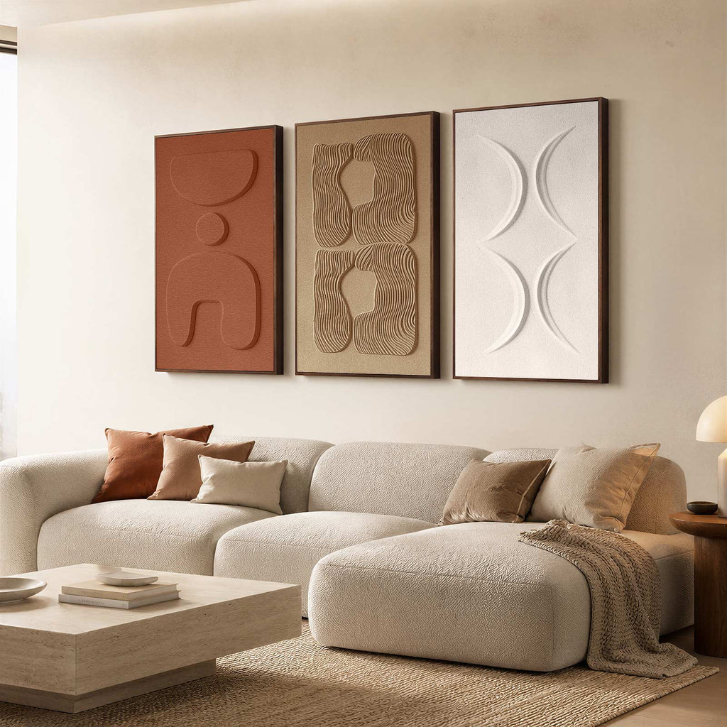 3D Textured Wall Art for Living Room, Set of 3 Wabi Sabi Abstract Sandstone Artwork with Solid Catalpa Wood Frame, Minimalist Triptych Pictures for Hallway Entryway, Ochre Earth & Terracotta Harmony, 24x36 In