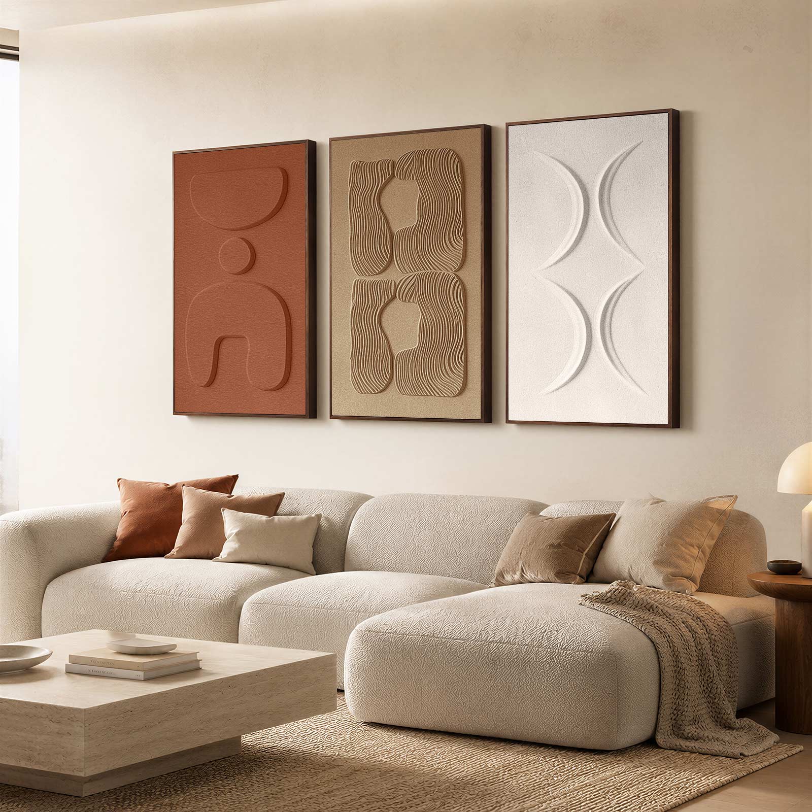 3D Textured Wall Art for Living Room, Set of 3 Wabi Sabi Abstract Sandstone Artwork with Solid Catalpa Wood Frame, Minimalist Triptych Pictures for Hallway Entryway, Ochre Earth & Terracotta Harmony, 24x36 In