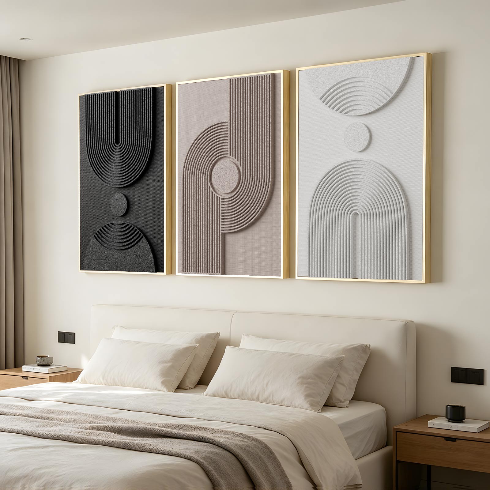 Large 3D Textured Framed Neutral Abstract Wall Art for Living Room, 3 Piece Modern Minimalist Artwork for Walls, Black White Beige Geometric Arches Pictures for Entryway Office Decor 24x36 In