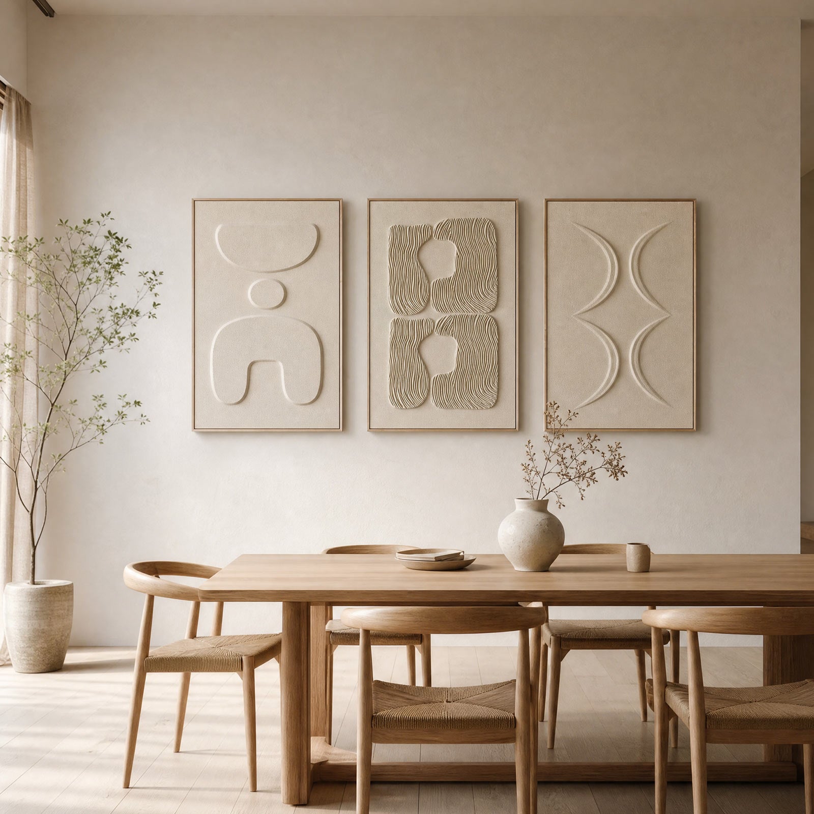 Thalasse Large 3-Piece 3D Textured Wall Art, Wabi Sabi Sandstone Relief Panels with Solid Wood Frame, 24x36 Inch Minimalist Wall Decor for Living Room, Hallway and Entryway