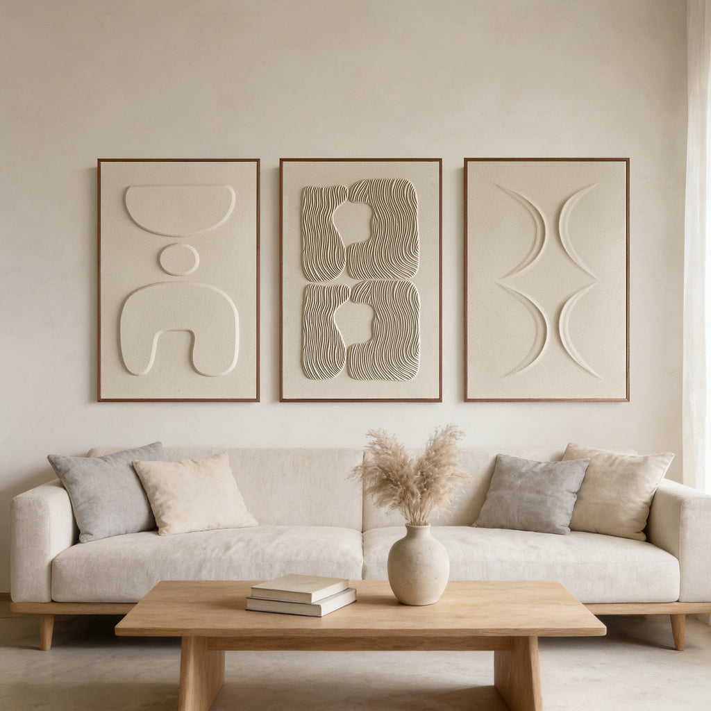 Large 3D Textured Wall Art for Living Room, Set of 3 Wabi Sabi Abstract Sandstone Relief Artwork with Solid Catalpa Wood Frame, Minimalist Triptych Pictures for Hallway Entryway, Sand Beige, 24x36 In