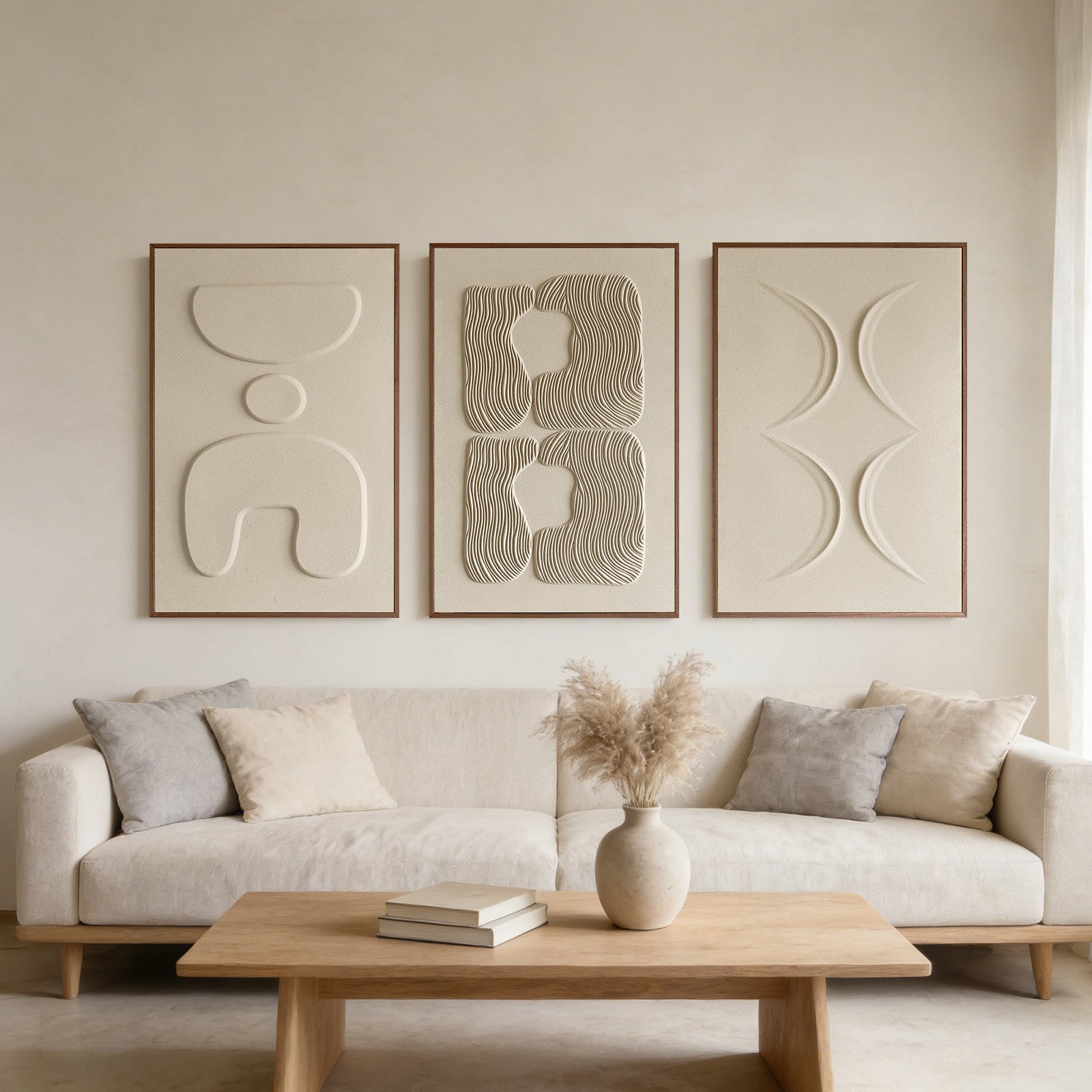 Large 3D Textured Wall Art for Living Room, Set of 3 Wabi Sabi Abstract Sandstone Relief Artwork with Solid Catalpa Wood Frame, Minimalist Triptych Pictures for Hallway Entryway, Sand Beige, 24x36 In