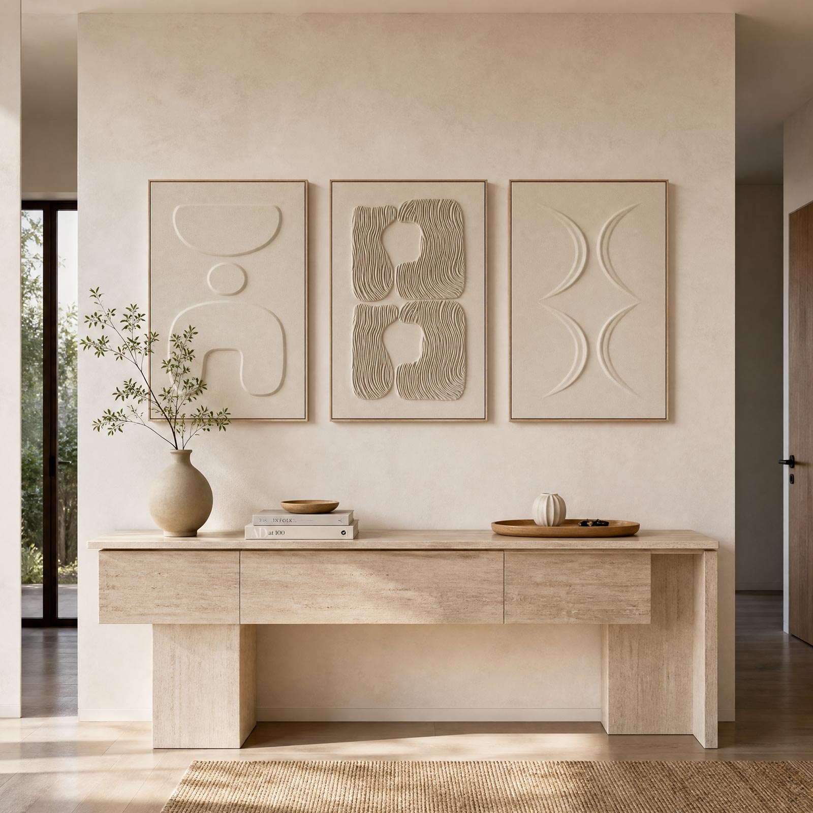 Thalasse Large 3-Piece 3D Textured Wall Art, Wabi Sabi Sandstone Relief Panels with Solid Wood Frame, 24x36 Inch Minimalist Wall Decor for Living Room, Hallway and Entryway