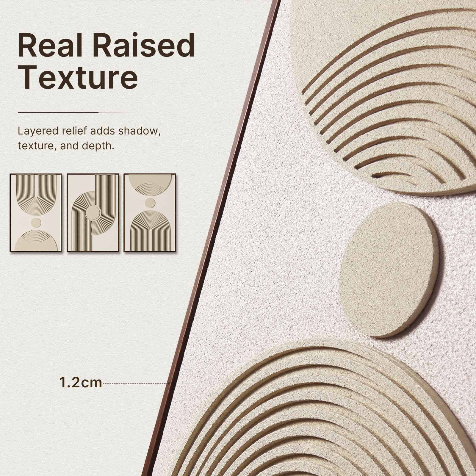 Large 3D Textured Framed Neutral Abstract Wall Art for Living Room, 3 Piece Modern Minimalist Artwork for Walls, Walnut & Sandstone Beige Geometric Arches Pictures for Above Couch Bedroom Decor, 24x36 In