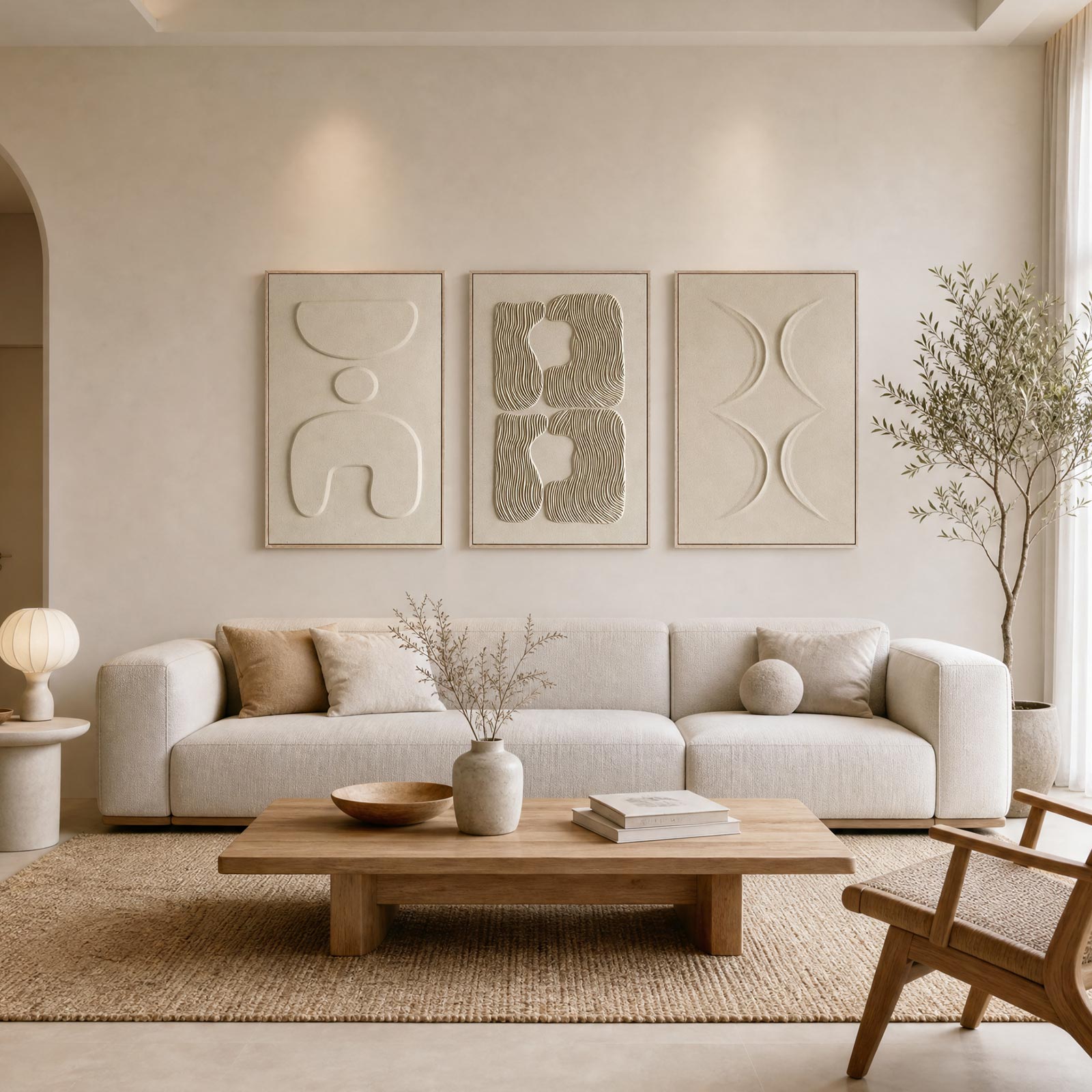 Thalasse Large 3-Piece 3D Textured Wall Art, Wabi Sabi Sandstone Relief Panels with Solid Wood Frame, 24x36 Inch Minimalist Wall Decor for Living Room, Hallway and Entryway