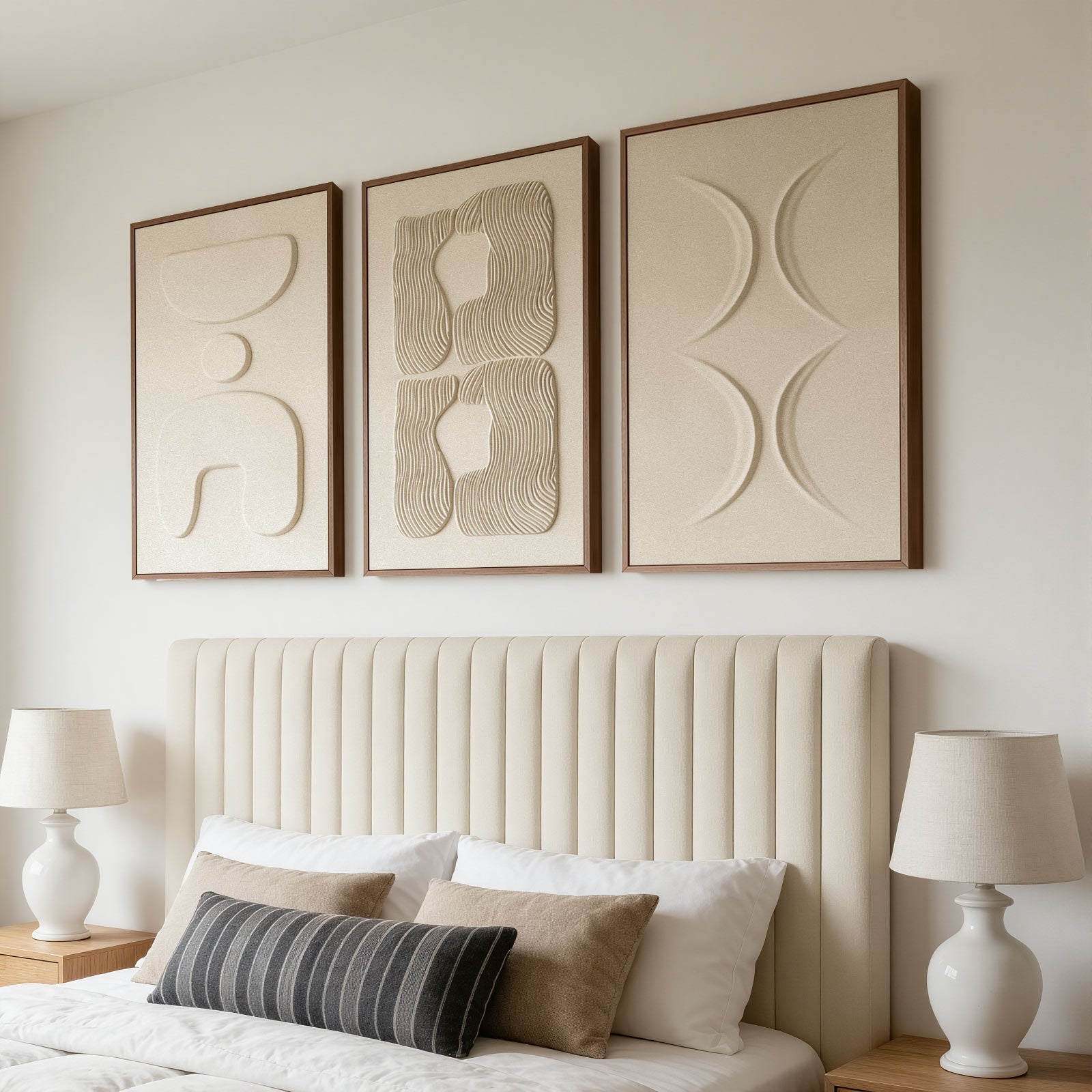 Large 3D Textured Wall Art for Living Room, Set of 3 Wabi Sabi Abstract Sandstone Relief Artwork with Solid Catalpa Wood Frame, Minimalist Triptych Pictures for Hallway Entryway, Sand Beige, 24x36 In