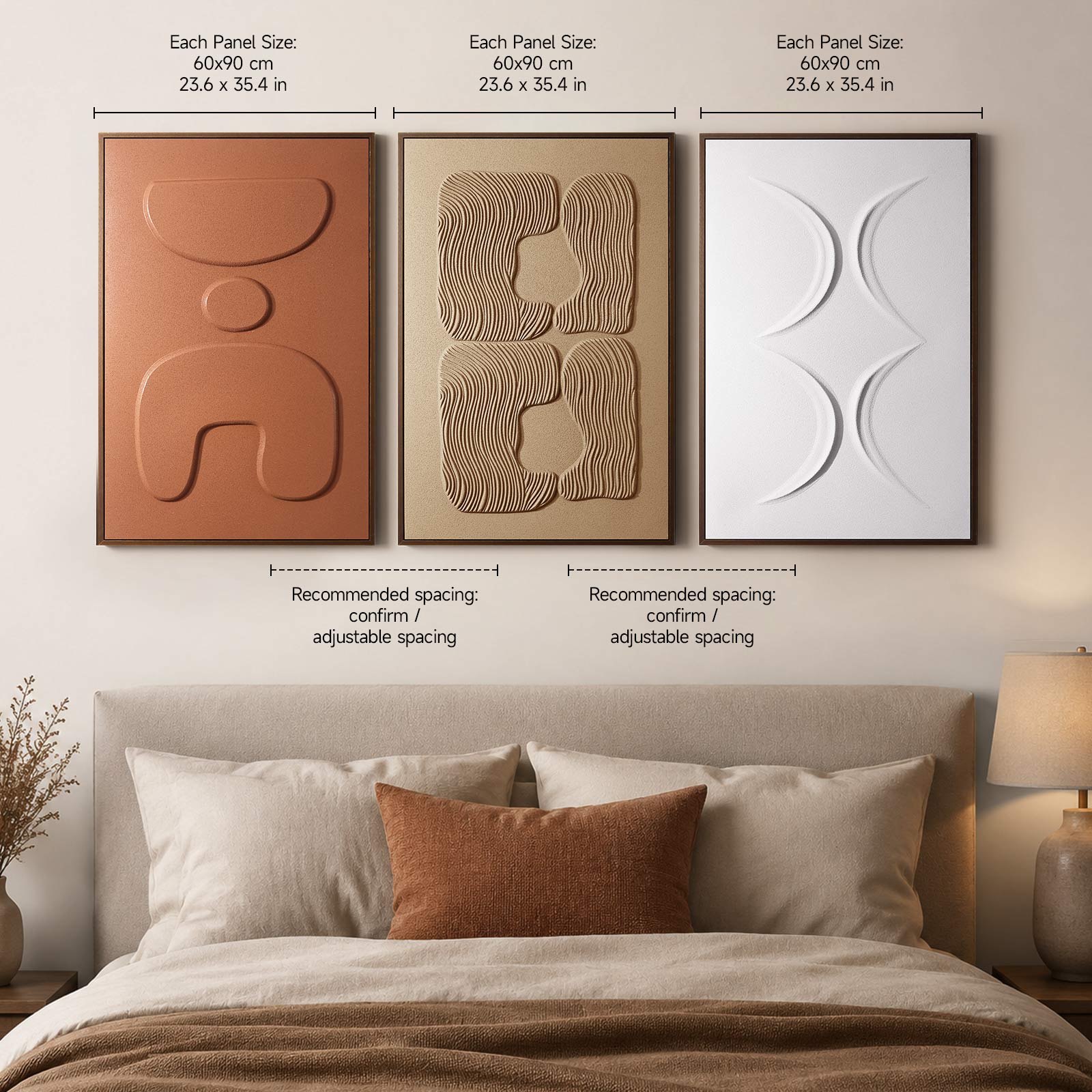 3D Textured Wall Art for Living Room, Set of 3 Wabi Sabi Abstract Sandstone Artwork with Solid Catalpa Wood Frame, Minimalist Triptych Pictures for Hallway Entryway, Ochre Earth & Terracotta Harmony, 24x36 In