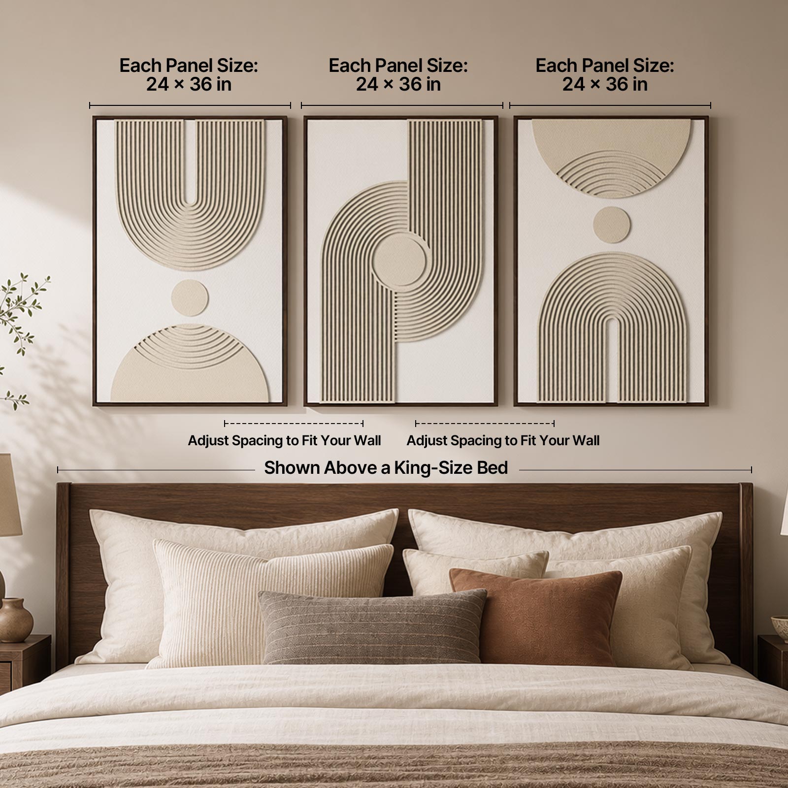 Large 3D Textured Framed Neutral Abstract Wall Art for Living Room, 3 Piece Modern Minimalist Artwork for Walls, Walnut & Sandstone Beige Geometric Arches Pictures for Above Couch Bedroom Decor, 24x36 In