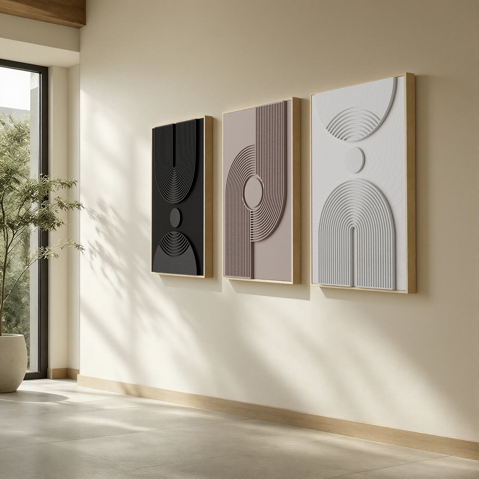 Large 3D Textured Framed Neutral Abstract Wall Art for Living Room, 3 Piece Modern Minimalist Artwork for Walls, Black White Beige Geometric Arches Pictures for Entryway Office Decor 24x36 In