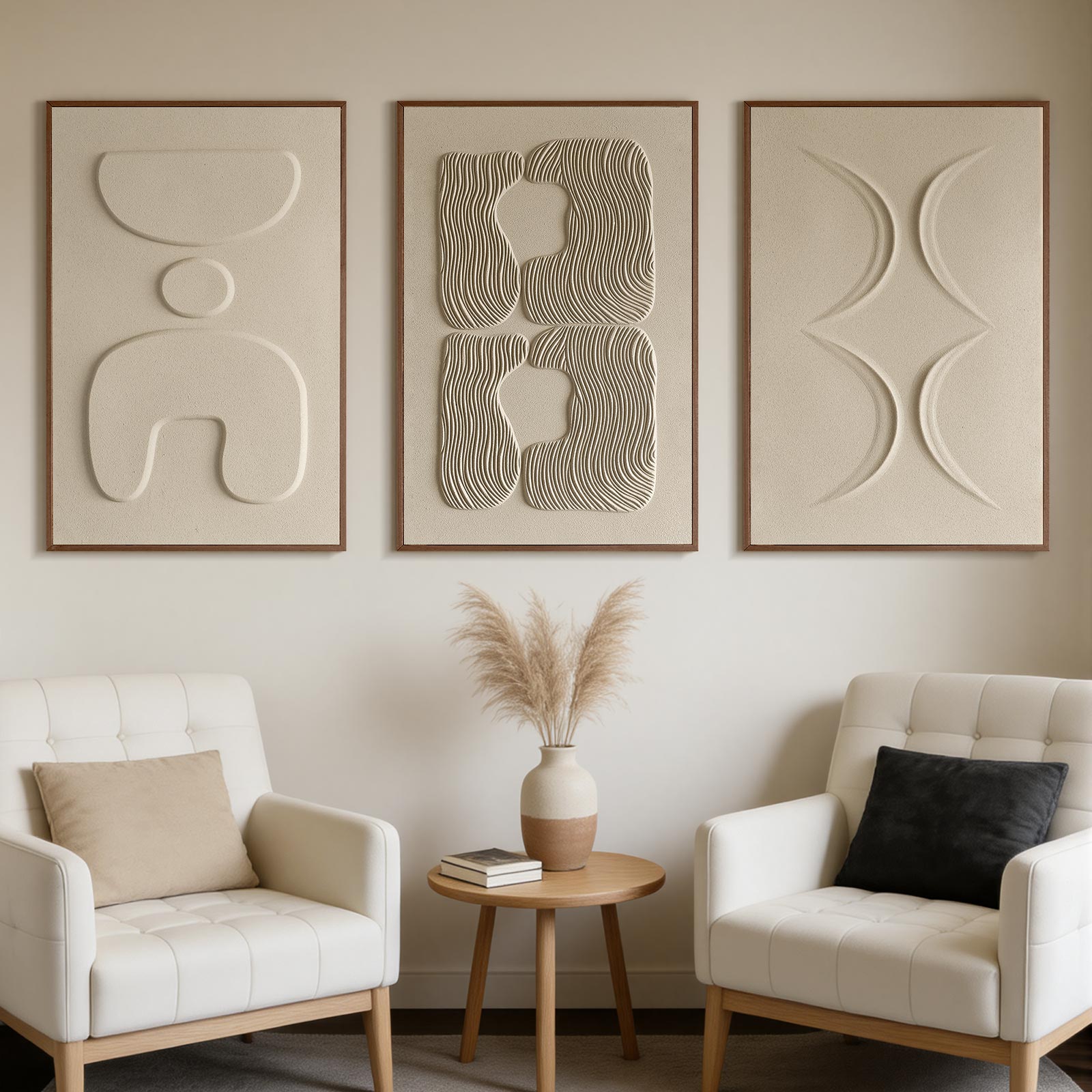 Large 3D Textured Wall Art for Living Room, Set of 3 Wabi Sabi Abstract Sandstone Relief Artwork with Solid Catalpa Wood Frame, Minimalist Triptych Pictures for Hallway Entryway, Sand Beige, 24x36 In