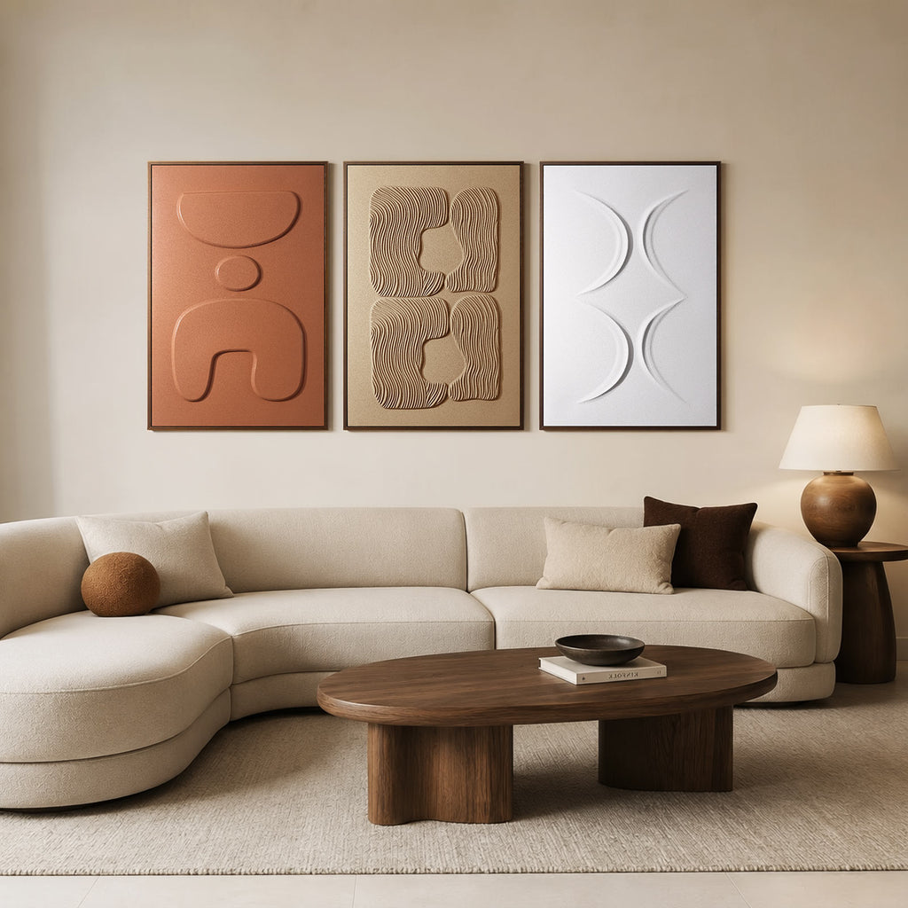 3D Textured Wall Art for Living Room, Set of 3 Wabi Sabi Abstract Sandstone Artwork with Solid Catalpa Wood Frame, Minimalist Triptych Pictures for Hallway Entryway, Ochre Earth & Terracotta Harmony, 24x36 In