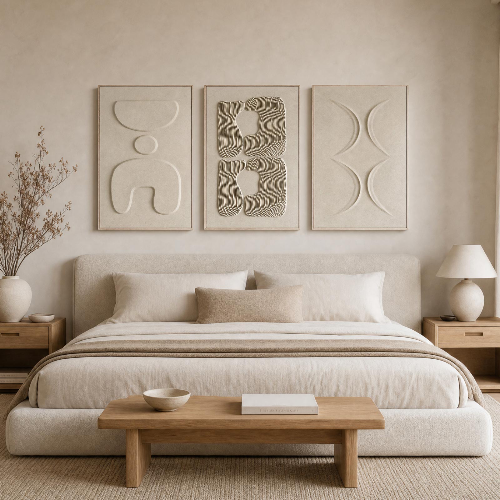 Thalasse Large 3-Piece 3D Textured Wall Art, Wabi Sabi Sandstone Relief Panels with Solid Wood Frame, 24x36 Inch Minimalist Wall Decor for Living Room, Hallway and Entryway
