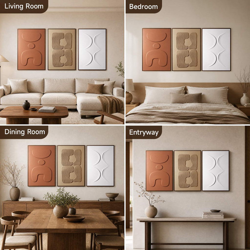 3D Textured Wall Art for Living Room, Set of 3 Wabi Sabi Abstract Sandstone Artwork with Solid Catalpa Wood Frame, Minimalist Triptych Pictures for Hallway Entryway, Ochre Earth & Terracotta Harmony, 24x36 In