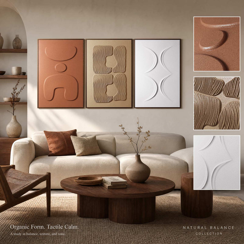 3D Textured Wall Art for Living Room, Set of 3 Wabi Sabi Abstract Sandstone Artwork with Solid Catalpa Wood Frame, Minimalist Triptych Pictures for Hallway Entryway, Ochre Earth & Terracotta Harmony, 24x36 In