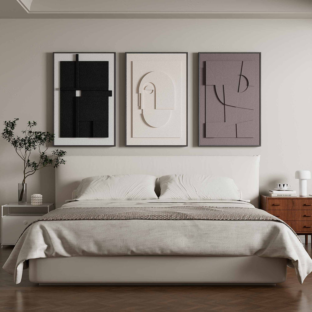 Large 3D Textured Framed Wall Art for Living Room, 3pcs Abstract Geometric Relief Artwork for Walls, Modern Neutral Black Beige Sandstone Plaster Pictures for Entryway Foyer Home Decor, 24x36 Inch