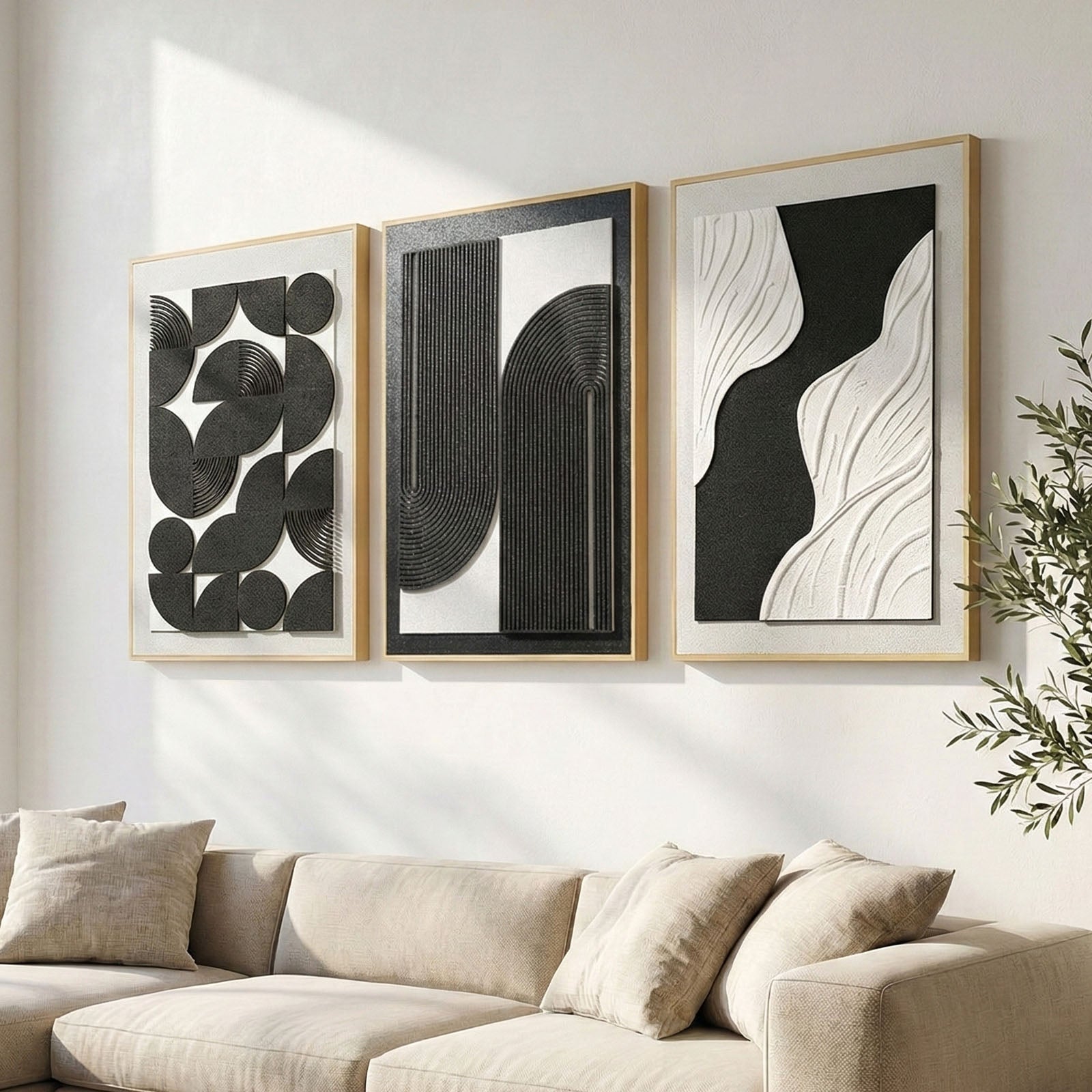 Large 3D Textured Framed Wall Art for Living Room, Set of 3 Black and White Boho Relief Sculptures, Modern Minimalist Arch & Wave Plaster Pictures for Large Entryway Foyer Decor, 24x36 Inch