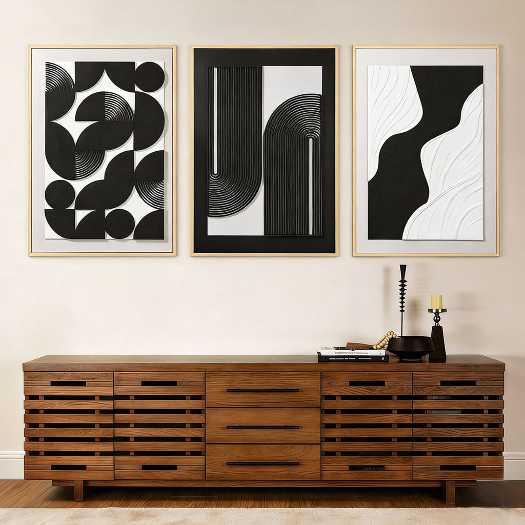 Large 3D Textured Framed Wall Art for Living Room, Set of 3 Black and White Boho Relief Sculptures, Modern Minimalist Arch & Wave Plaster Pictures for Large Entryway Foyer Decor, 24x36 Inch