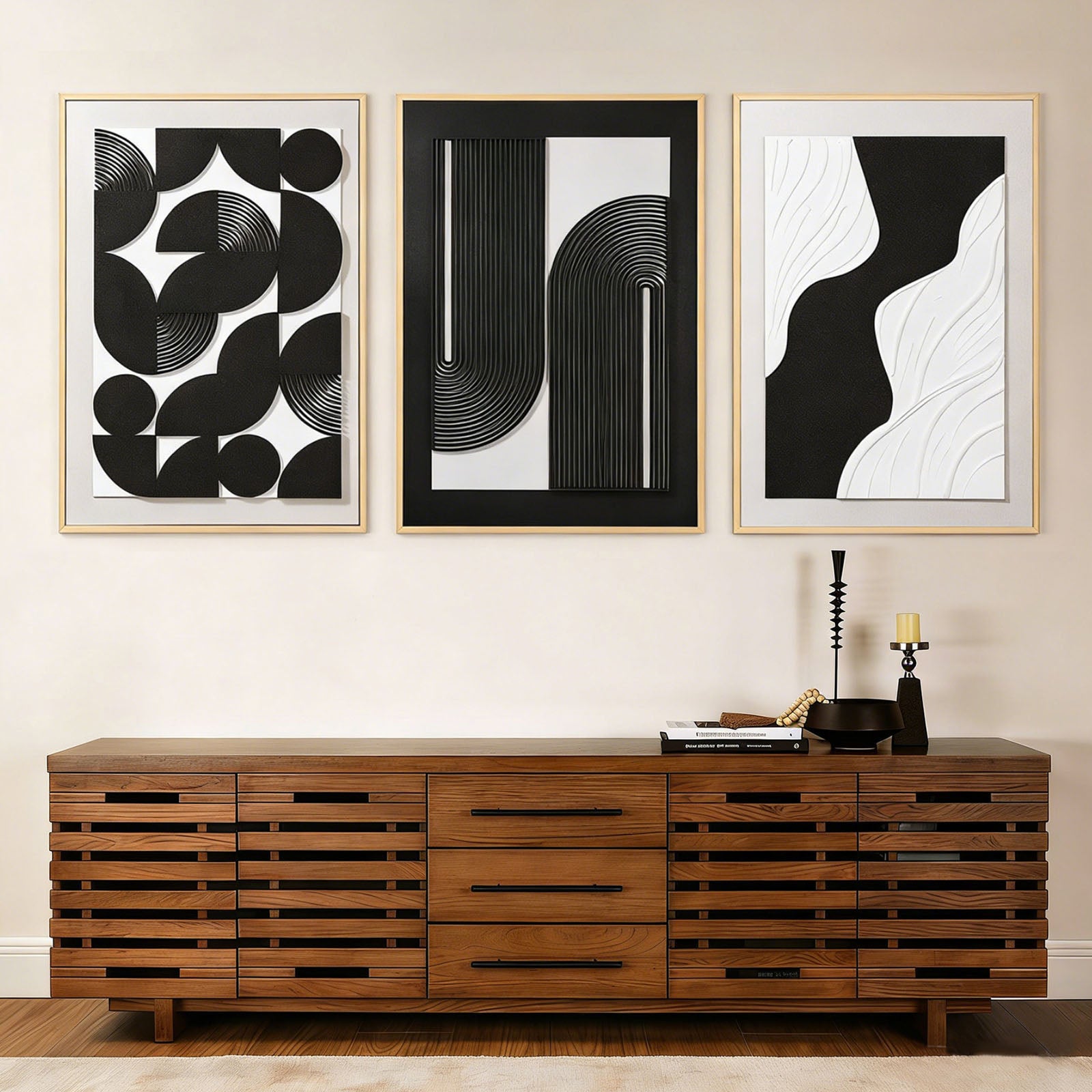 Large 3D Textured Framed Wall Art for Living Room, Set of 3 Black and White Boho Relief Sculptures, Modern Minimalist Arch & Wave Plaster Pictures for Large Entryway Foyer Decor, 24x36 Inch